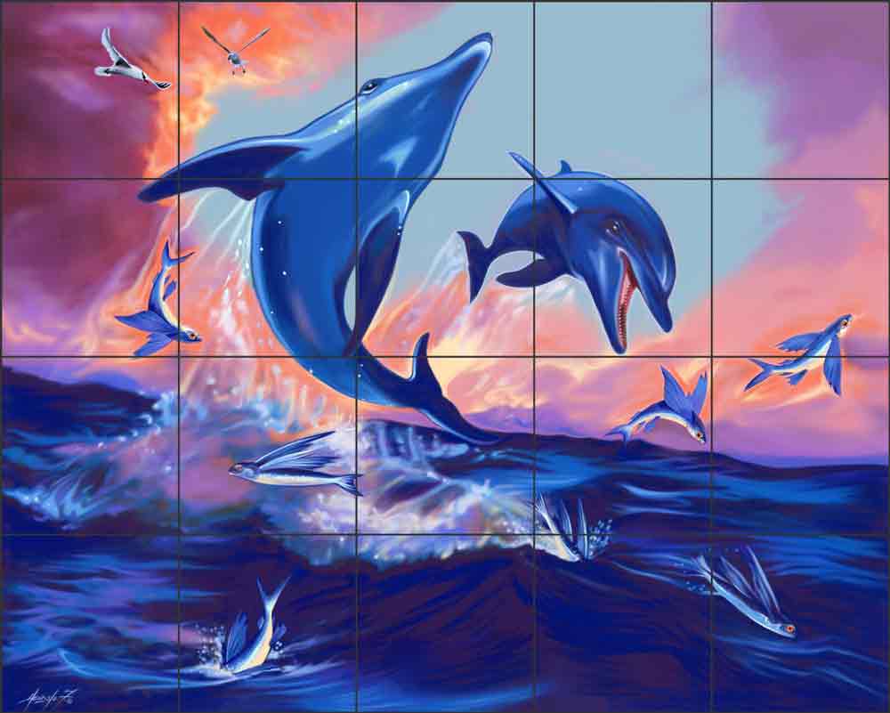 Dolphin and Calf Hunting by Fernando Agudelo Ceramic Tile Mural - FAA024