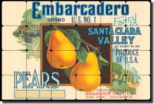 Embarcadero Pears - Fruit Crate Label Tumbled Marble Tile Mural 24" x 16" - FCL006