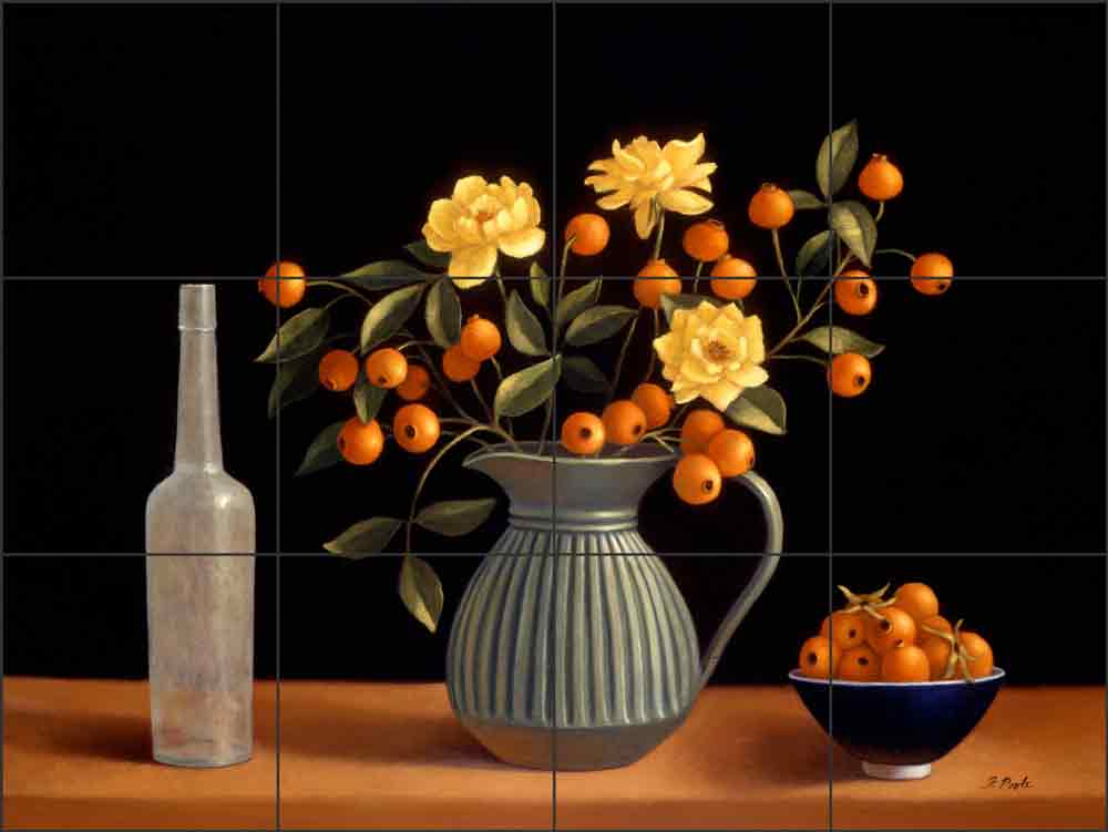 Still Life with Persimmons and Yellow Roses by Frances Poole Ceramic Tile Mural FPA001