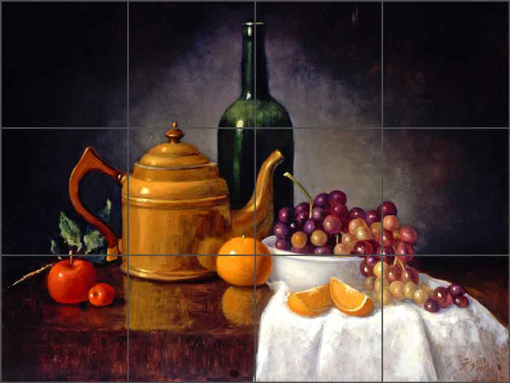 Copper Tea Kettle with Grapes by Frances Poole Ceramic Tile Mural FPA023