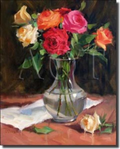 Rose Medley by Judy Crowe - Floral Still Life Tumbled Marble Tile Mural 16" x 12" Kitchen Shower Bac