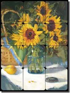 Crowe Sunflower Floral Tumbled Marble Tile Mural 12" x 16" - JAC067