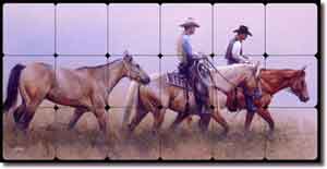 Fawcett  Western Cowboy Horses Tumbled Marble Tile Mural 24" x 12" - JFA005