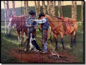 Fawcett Western Cowboys Tumbled Marble Tile Mural 24" x 18" - JFA010