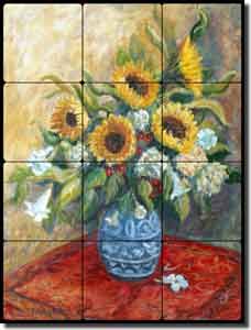 Morris Sunflower Floral Tumbled Marble Tile Mural 12" x 16" - JM017