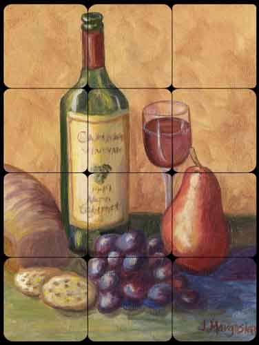 Wine, Grapes and Pears by Joanne Morris Margosian Tumbled Marble Tile Mural - JM060