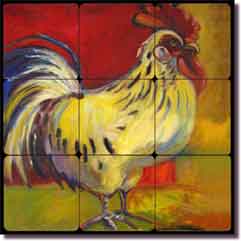 Rooster I by Joanne Morris - Tumbled Marble Tile Mural 12" x 12"