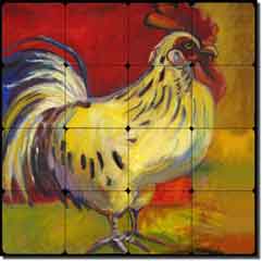 Rooster I by Joanne Morris - Tumbled Marble Tile Mural 16" x 16"