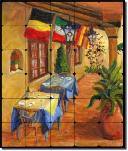 Casanova's Porch by Joanne Margosian - Tumbled Marble Tile Mural 24" x 20" Kitchen Shower Backsplash