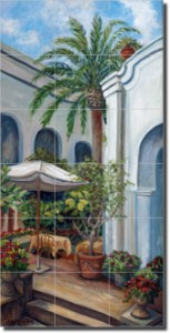 Capri Palm Cafe by Joanne Margosian - Tumbled Marble Tile Mural 36" x 18" Kitchen Shower Backsplash
