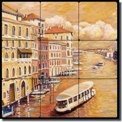 Morris Venice Canal Ferry Tumbled Marble Tile Mural 12" x 12" - JM108