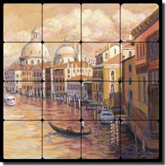 Morris Venice Canal Ferry Tumbled Marble Tile Mural 16" x 16" - JM109