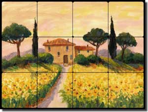 Morris Tuscan Sunflowers Tumbled Marble Tile Mural 16" x 12" - JM110