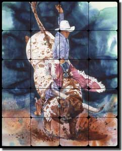 Taylor Western Cowboy Bull Tumbled Marble Tile Mural 16" x 20" - JTA021