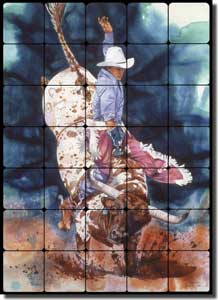 Taylor Western Cowboy Bull Tumbled Marble Tile Mural 20" x 28" - JTA021
