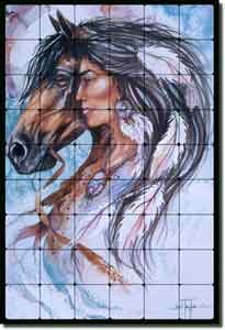 Taylor Native American Horse Tumbled Marble Tile Mural 36" x 24" - JTA023