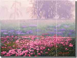White Floral Landscape Glass Wall & Floor Tile Mural 24" x 18" - JWA020