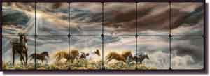 McElroy Horses Equine Art Tumbled Marble Tile Mural 24" x 8" - KMA007