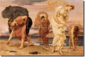 Greek Girls Picking Up Pebbles by the Sea by Lord Frederick Leighton - Artwork On Tile Tumbled Marbl