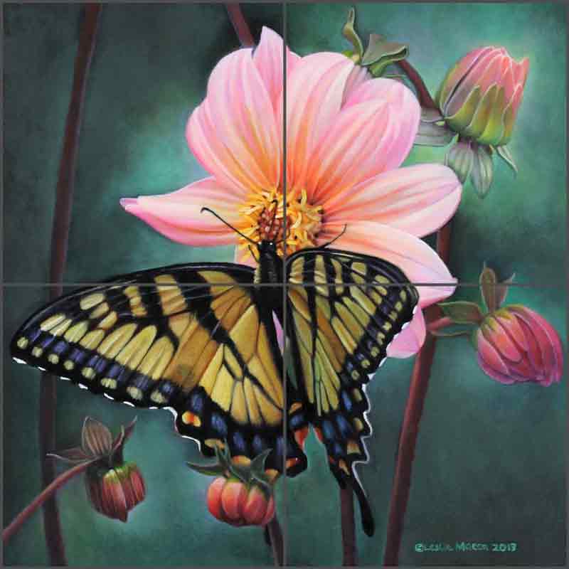 Dahlia and Butterfly Study by Leslie Macon Ceramic Tile Mural LMA056