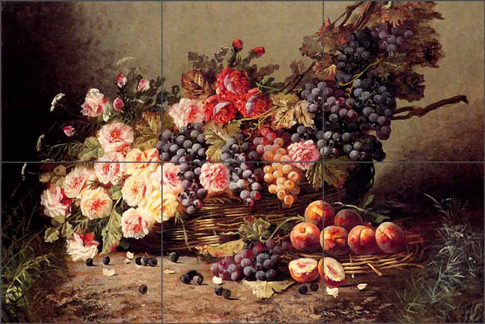 Still Life of Roses, Peaches and Grapes by Modeste Carlier Ceramic Tile Mural MC004