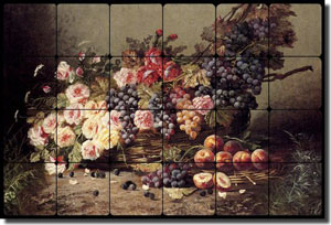 Carlier Flowers Fruit Tumbled Marble Tile Mural 36" x 24" - MC004