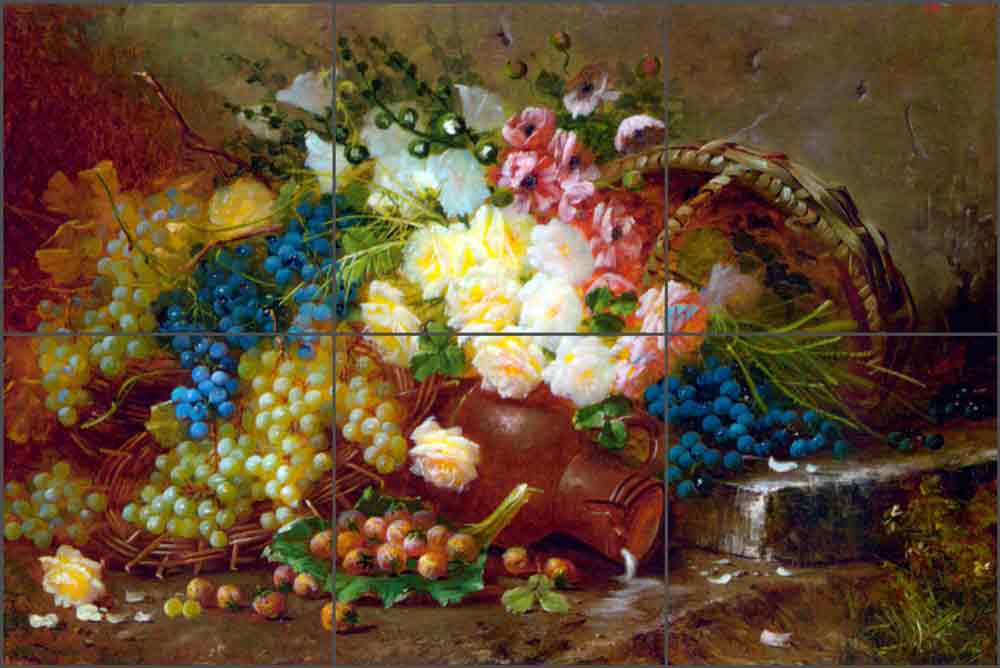 Still Life with Grapes and Roses by Modeste Carlier Ceramic Tile Mural MC007