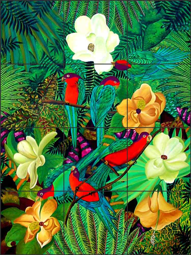 Parrots & Orchids by Micheline Hadjis Ceramic Tile Mural MHA001