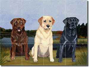 3 Labs by M. K. Zeppa - Dog Glass Tile Mural 24" x 18"