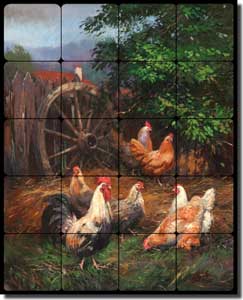 Mirkovich Rooster Chicken Tumbled Marble Tile Mural 16" x 20" - NMA034