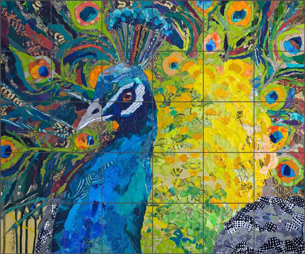 Poised Peacock 2 by Elizabeth St Hilaire Ceramic Tile Mural OB-EN76