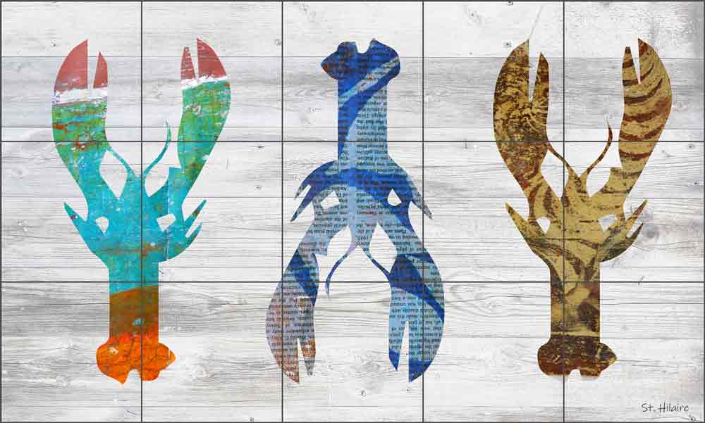 Three Lobsters on White by Elizabeth St Hilaire Ceramic Tile Mural OB-EN961