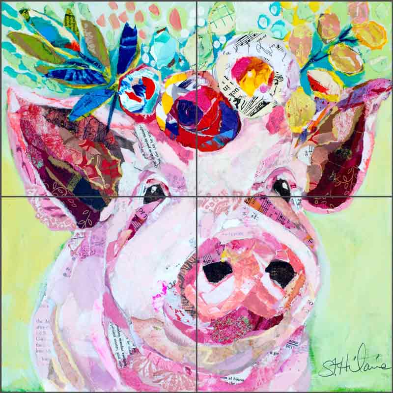 Floral Pig by Elizabeth St Hilaire Ceramic Tile Mural OB-EN983