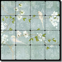 Evelia Birds Floral Tumbled Marble Tile Mural 16" x 16" - OB-ES66a