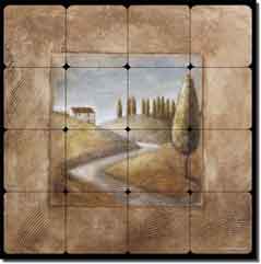 Rich Tuscan Landscape Tumbled Marble Tile Mural 16" x 16"