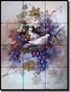 Taite Grapes Doves Tumbled Marble Tile Mural 12" x 16" - POV-FPT001