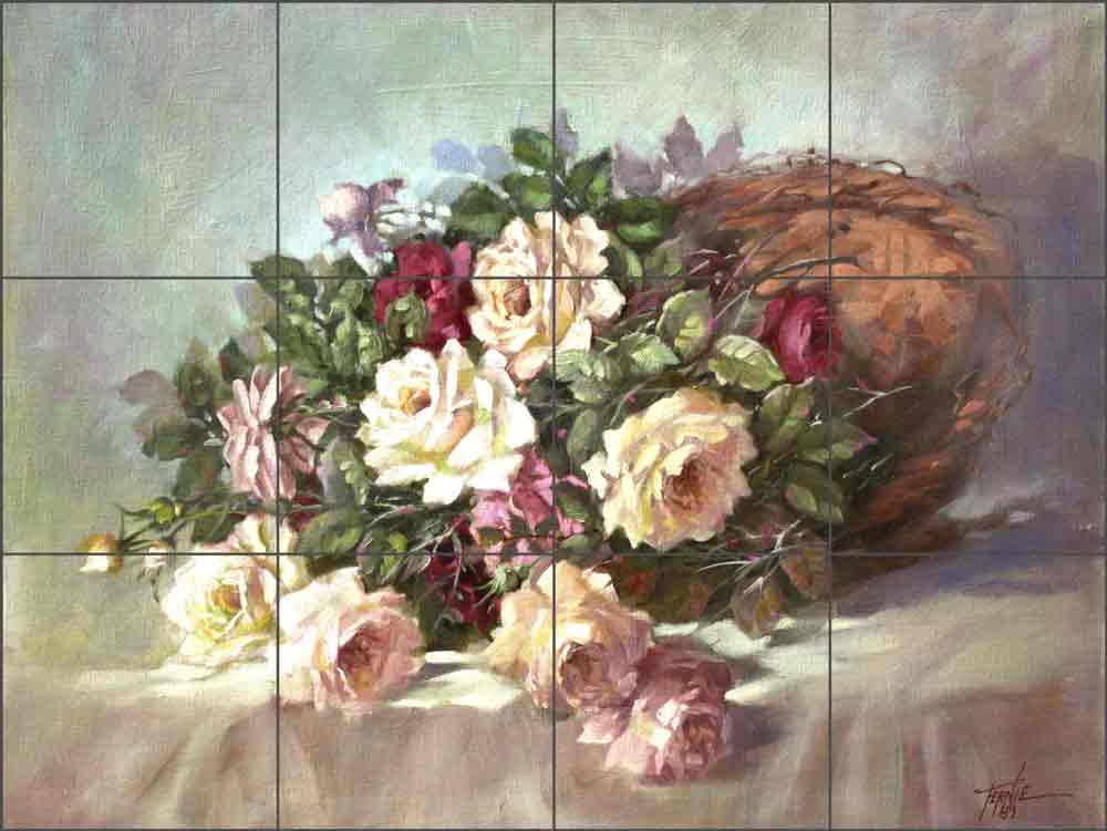 Roses in a Wicker Basket by Fernie Parker Taite Ceramic Tile Mural - POV-FPT002