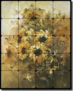 Taite Sunflowers Floral Tumbled Marble Tile Mural 16" x 20" - POV-FPT004