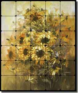 Taite Sunflowers Floral Tumbled Marble Tile Mural 20" x 24" - POV-FPT004