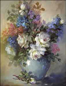 White Roses in Blue Vase by Fernie Parker Taite Ceramic Accent & Decor Tile - POV-FPT006AT