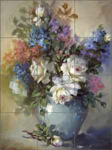 White Roses in Blue Vase by Fernie Parker Taite Ceramic Tile Mural - POV-FPT006