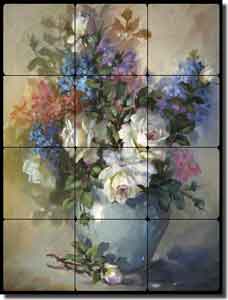 Taite Flowers Roses Tumbled Marble Tile Mural 12" x 16" - POV-FPT006