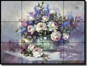 Taite Roses Flowers Tumbled Marble Tile Mural 16" x 12" - POV-FPT013