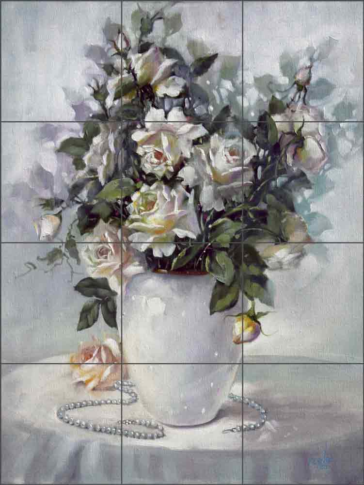 Roses in White Vase by Fernie Parker Taite Ceramic Tile Mural - POV-FPT014