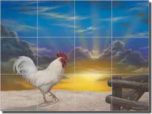 Wilkie Rooster Sunrise Glass Tile Mural 24" x 18" - POV-JWA029