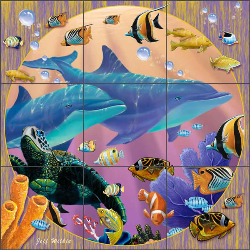 Colorful Dolphins II by Jeff Wilkie Ceramic Tile Mural - POV-JWA048