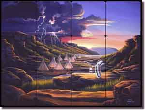 Kendrick Native American Landscape Tumbled Marble Tile Mural 24" x 18" - POV-LKA005