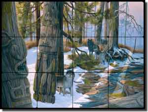 Kendrick Animals Wolves Tumbled Marble Tile Mural 24" x 18" - POV-LKA026