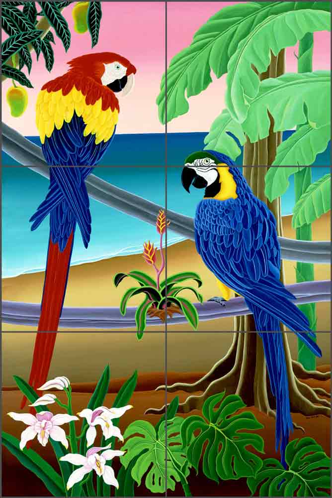 Red and Blue Macaws by Raul del Rio Ceramic Tile Mural - POV-RR011
