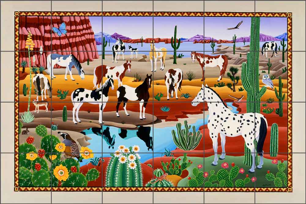 Painted Horses by Raul del Rio Ceramic Tile Mural - POV-RR015